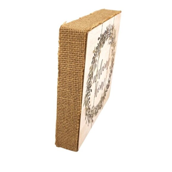 Rustic Wooden Welcome Home Sign With Leaf Wreath Design Burlap Edges Square 5.5" - Picture 3 of 5